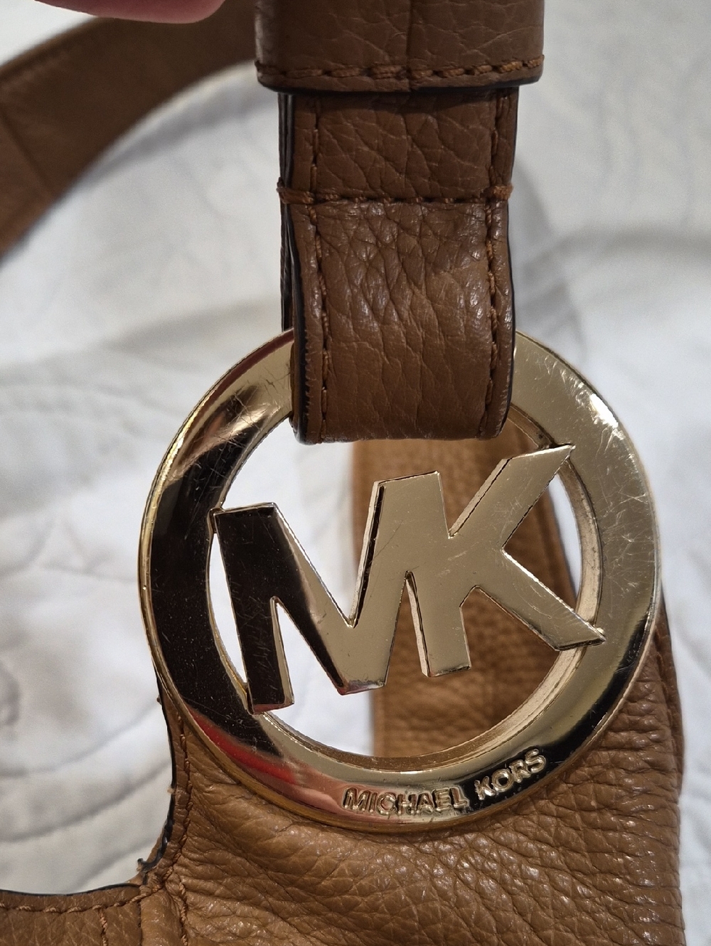 Michael Kors Tan Leather Hobo Bag with Gold MK Accent - Picture 10 of 13